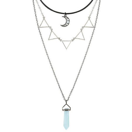 Blue Crystal Crescent Choker Layered Necklace