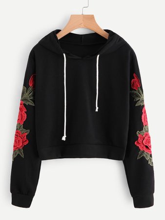 Embroidered Rose Applique Sleeve Hoodie | SHEIN