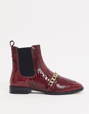 ASOS DESIGN Ava leather loafer boot with chain trim in red snake | ASOS