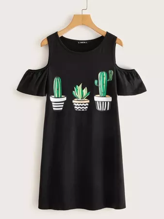 Cold Shoulder Cactus Print Tee Dress | SHEIN USA black