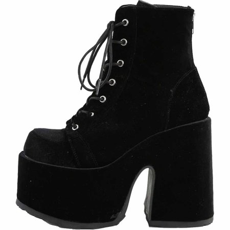 Women's Demonia CAMEL-203 Chunky Heel Platform Ankle Boot Black Velvet – Hell's Boutique