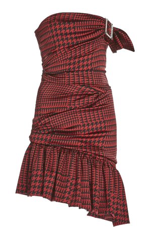 Strapless Asymmetric Houndstooth Silk-Satin Midi Dress