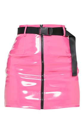 Neon Pink Vinyl Zip Front Belted Skirt | PrettyLittleThing