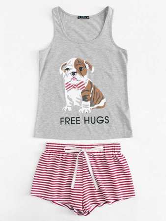 Dog Print Tee And Striped Shorts PJ Set