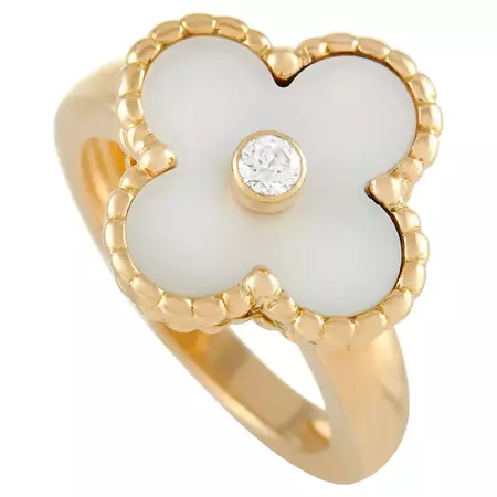 Van Cleef and Arpels Alhambra 18K Yellow Gold Diamond and Mother of Pearl Ring For Sale at 1stDibs