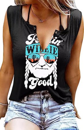Women V Neck Tank Top Letter Printed Shirt Vintage Graphic Tee Summer Casual Sleeveless Vest Tops at Amazon Women’s Clothing store