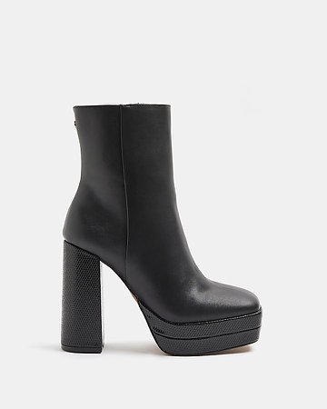 Black faux leather platform ankle boots | River Island