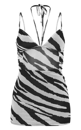 Monochrome Zebra Print Mesh Strappy Bodycon Dress | PrettyLittleThing USA