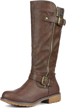 Amazon.com | DREAM PAIRS Women's Deer Brown Double Buckle Zipper Knee High Boots Size 10 B(M) US | Knee-High