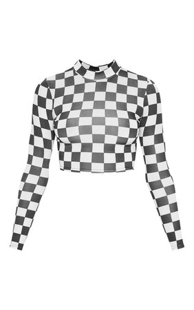 B/W Checkerboard Long Sleeve Crop Top | PrettyLittleThing USA