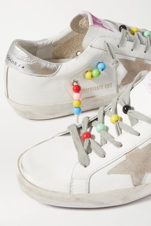 White Superstar bead-embellished distressed leather and suede sneakers | Golden Goose | NET-A-PORTER