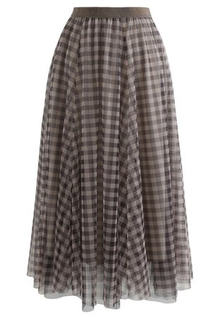 Gingham Double-Layered Mesh Tulle Midi Skirt in Brown - Retro, Indie and Unique Fashion