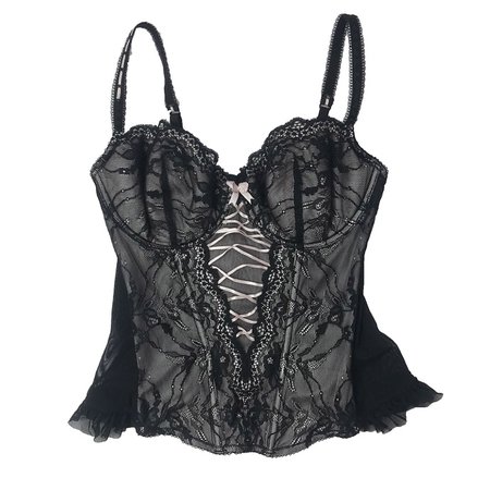 🌸 beautiful vintage black lace corset with pink lace... - Depop