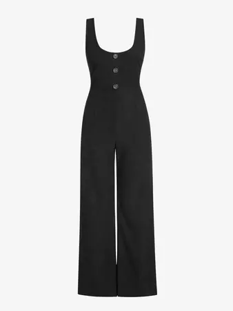 ZAFUL Women's Solid Color Casual Daily Button Front U Neck Open Back Corduroy Wide Leg Pinafore Jumpsuit In BLACK | ZAFUL 2024