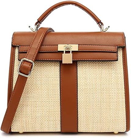 Amazon.com: Style Strategy Beige & Pink Belted Lock Nicola Straw Crossbody bags Satchel woven straw shoulder top handle bag for summer : Clothing, Shoes & Jewelry