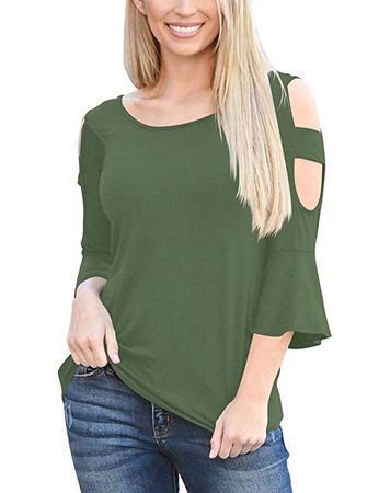 liher Womens Tops Cut Out Cold Shoulder Cute Bell Sleeve Tee Shirts at Amazon Women’s Clothing store: