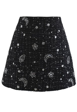 Sequined Moon and Star Tweed Mini Skirt - Retro, Indie and Unique Fashion
