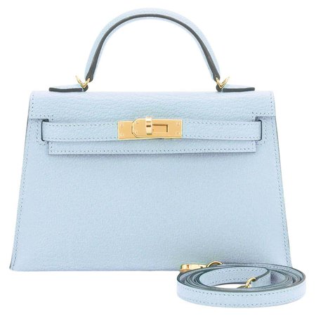 Hermes Mini Kelly 20cm Blue Brume VIP Gold Shoulder Bag, U Stamp 2022 For Sale at 1stDibs