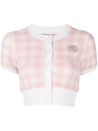 ALEXANDER WANG T Women's Gingham Crystal Brooch Cropped Cardigan In Pink