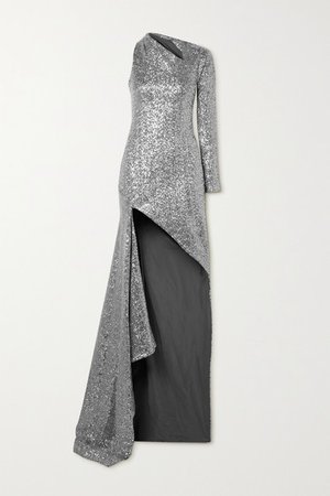 One-shoulder Cutout Sequined Tulle Gown - Silver