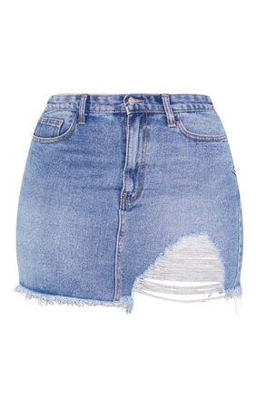 Plus Mid Blue Wash One Sided Distressed Hem Denim Skirt | PrettyLittleThing USA