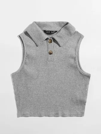 Collared Buttoned Front Rib-knit Tank Top | SHEIN USA grey