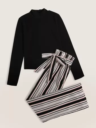 black Mock Neck Tee & Vertical Stripe Paperbag Waist Belted Pants Set | SHEIN USA