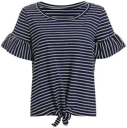 ROMWE Women's Short Sleeve Tie Front Knot Casual Loose Fit Tee T-shirt Navy S at Amazon Women’s Clothing store
