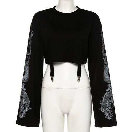 Casual Fashion Gothic Dragon Print Long Sleeve Crop Top Hoodie Halloween Punk Womens Pullover | Wish