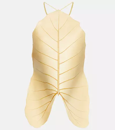Paulas Ibiza Leaf Halterneck Faux Leather Top in Beige - Loewe | Mytheresa