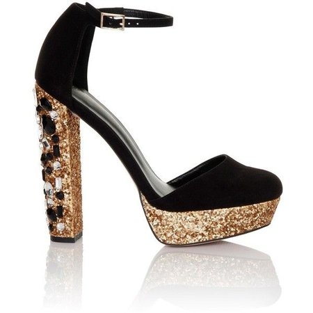 Black, Gold & Embellished Platform Ankle Strap Heels