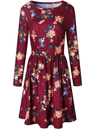 ZESICA Women's Long Sleeve Floral Pockets Casual Swing Pleated T-shirt Dress Burgundy Medium at Amazon Women’s Clothing store
