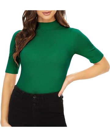 Anbenser Women’s Short Sleeve Mock Pullover Sweater Knit Jersey Top Slim Fit (Blue, L) at Amazon Women’s Clothing store