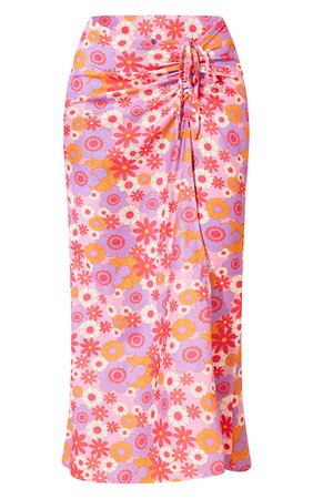 Pink Woven Floral Tie Split Leg Midaxi Skirt | PrettyLittleThing USA