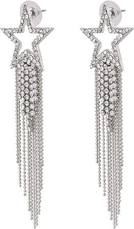 Amazon.com: Women’s Tassel Earrings Star Ear Stud Pave Crystal Dangle Earrings Boho Waterfall Beaded Fringe Drop Earring (silver): Clothing, Shoes & Jewelry