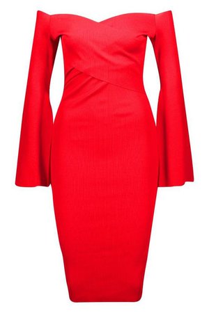 Bardot Split Sleeve Rib Bodycon Midi Dress | Boohoo