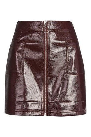 Wine Cracked Patent Leather Front Zip Mini Skirt