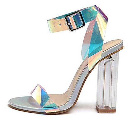Amazon.com | Women Iridescent Ankle Strap Sandals Peep-Toe Block High Heels Fashion Party Shoes | Heeled Sandals