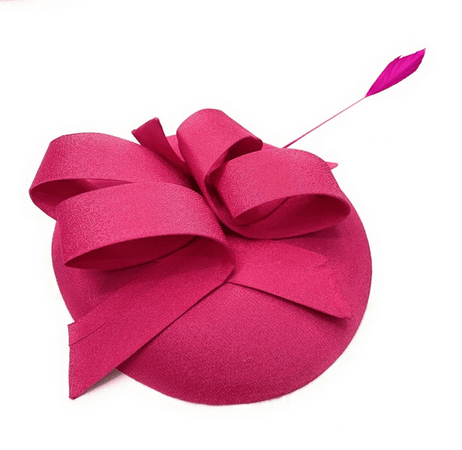 Round Sinamay Pillbox Fabric Abstract Hoops Long Feather Headband Fascinator Weddings Ascot Hatinator Races Hat UK - Fuchsia Pink