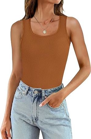 WIHOLL Womens Ribbed Tank Tops 2024 Summer Scoop Neck Slim Fitted Tops Casual Basic Knit Sleeveless Shirts at Amazon Women’s Clothing store