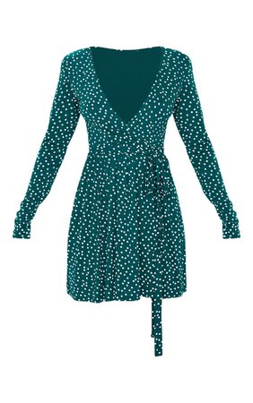 Emerald Green Polka Dot Wrap Long Sleeve Tea Dress | PrettyLittleThing