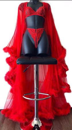 red sexy lingerie with fur mesh robe