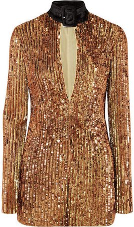 Velvet-trimmed Embellished Sequinned Tulle Mini Dress - Gold