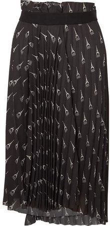 Asymmetric Pleated Printed Crepe Midi Skirt - Black