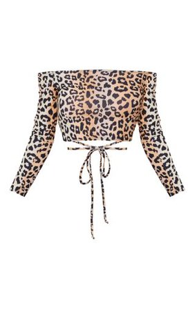 Tan Leopard Harness Detail Bardot Crop Top | PrettyLittleThing USA