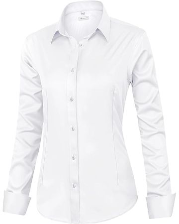 siliteelon Womens Classic-Fit Dress Shirts Long Sleeve Button Down Wrinkle-Free Stretch Solid Casual Work Office Blouse Top White Medium at Amazon Women’s Clothing store