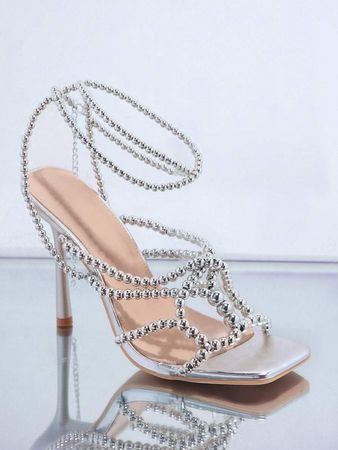 Metallic Rhinestone Decor Stiletto Heeled Sandals | SHEIN USA