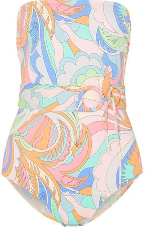 Belted Printed Bandeau Swimsuit - Lilac