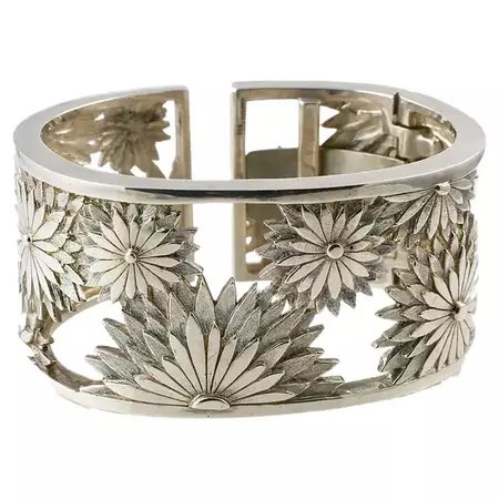 American Metaphor Wide Cuff Bracelet in Sterling Silver with Flowers For Sale at 1stDibs | sterling silver wide cuff bracelet, wide cuff bangle