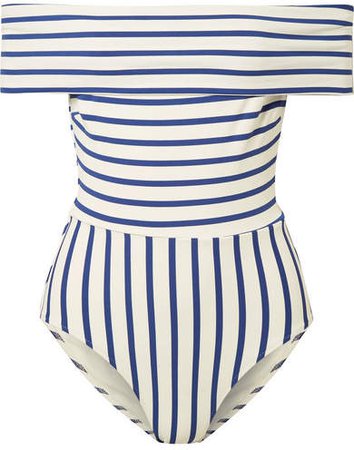 The Vera Off-the-shoulder Striped Swimsuit - Blue